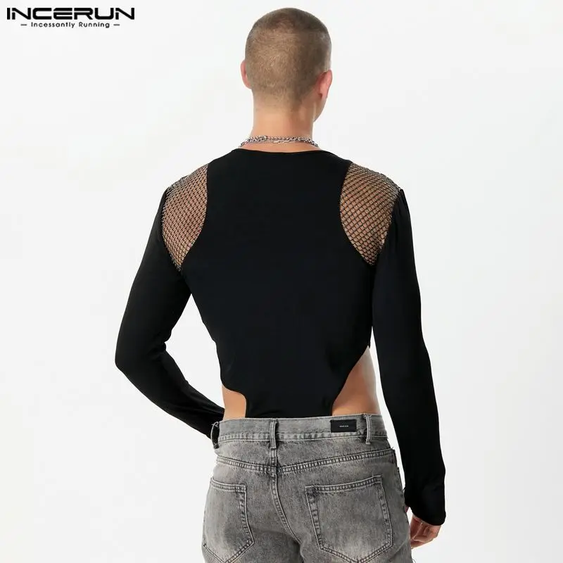 INCERUN 2023 Sexy Style Men Rompers Irregular Hollow Patchwork Mesh Jumpsuits Stylish Solid Thimble Long Sleeved Bodysuits S-5XL