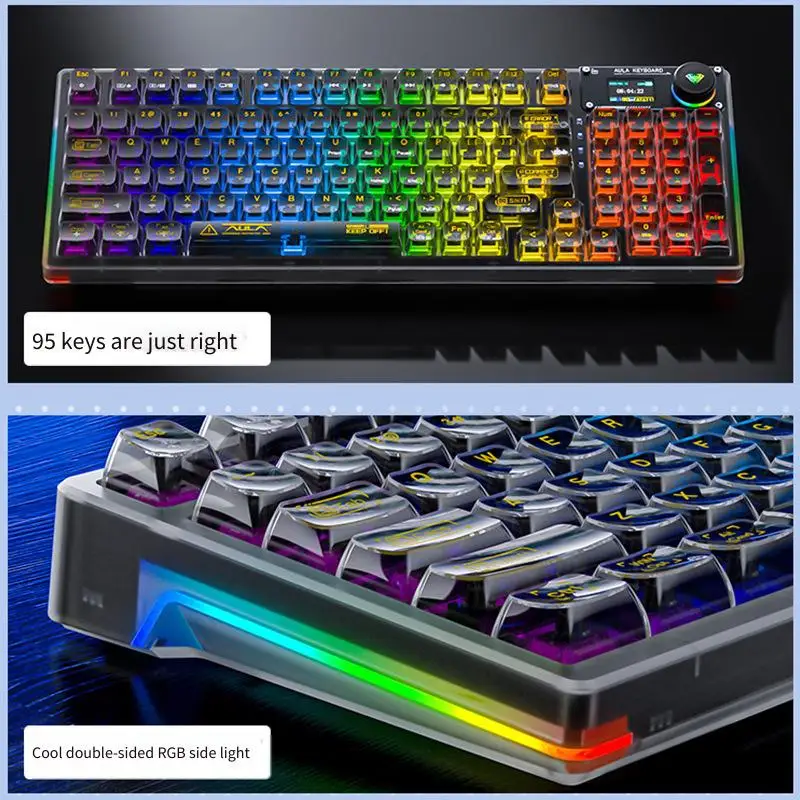 Le clavier mécanique à trois modes Bluetooth sans fil transparent F98pro comprend une structure de joint en cristal de glace et est échangeable à chaud