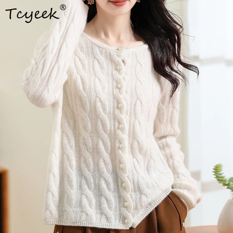 

Tcyeek, элегантный свитер из 100% кашемира, вязаный свитер-кардиган, модный и повседневный свободный крой, осень и зима T48924KS