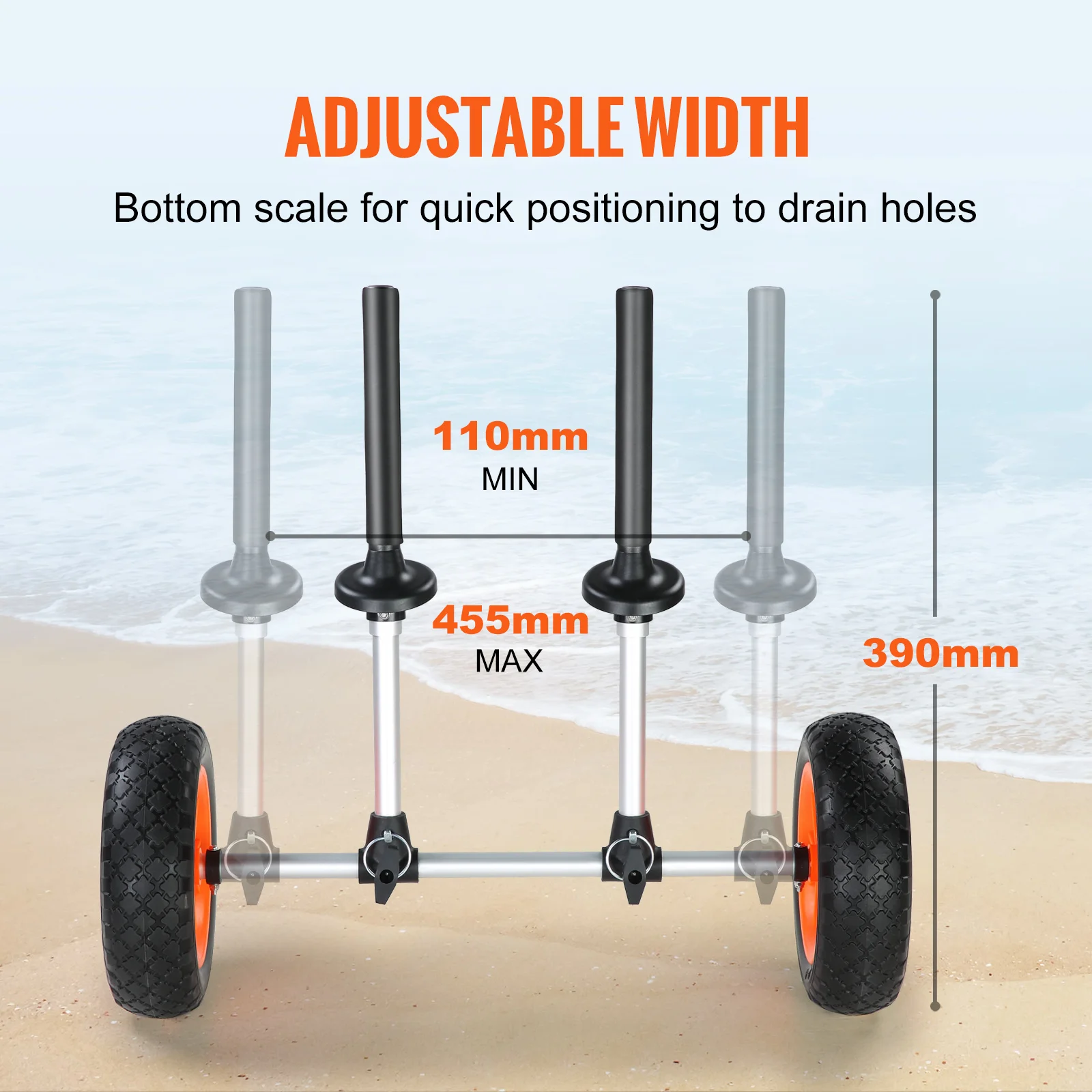 Carrello per Kayak VEVOR Heavy Duty, carrello per canoa staccabile con pneumatici pieni da 10 '', larghezza regolabile e protezione superiore in schiuma