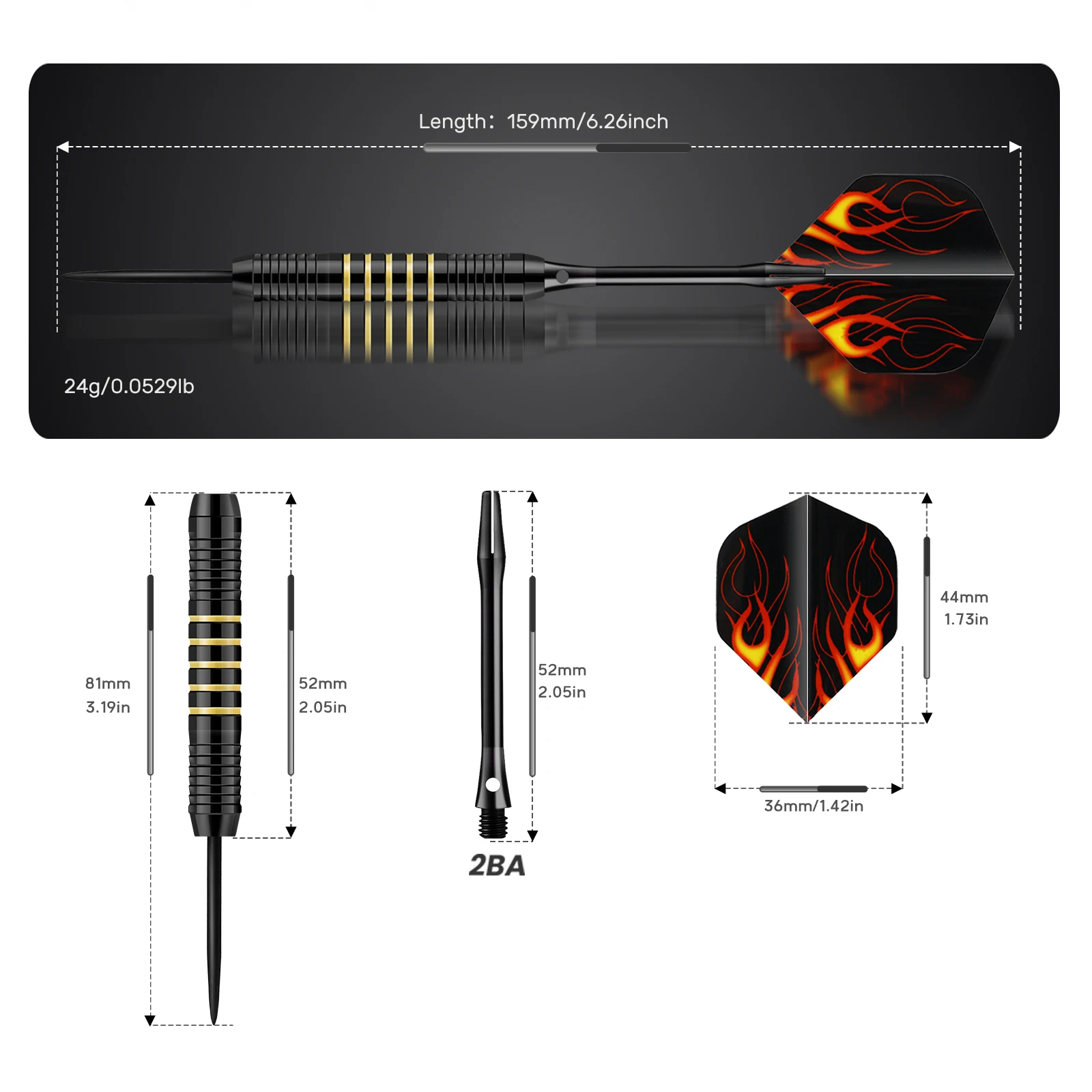 HUANQU 3pcs 24g Iron Darts Set, Professional Hard Darts with Spare Shafts, PET Flights, Sharpening Stone & Case