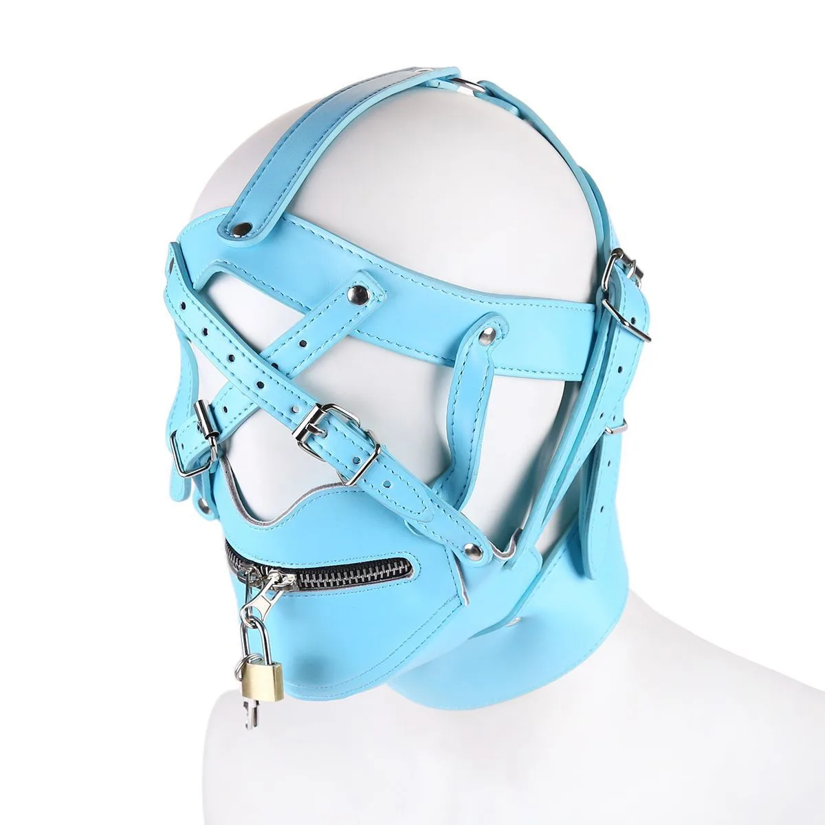 Sexy blaue Fetisch geschirr Maske Kapuze Leder Erwachsenen Cosplay Spiele Maske für Frauen Mann Halloween Party aushöhlen Rollenspiel Kostüm