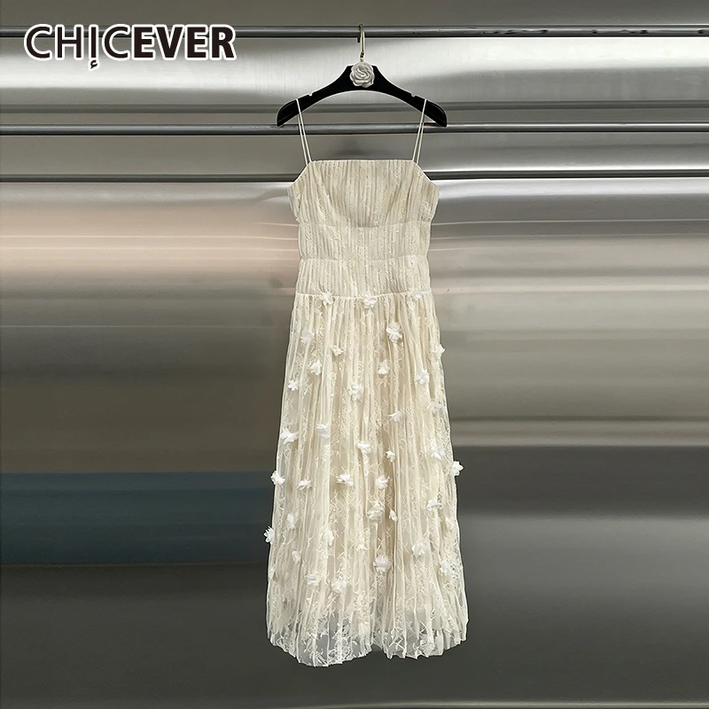 

CHICEVER White Spliced Lace Dress Female Square Collar Sleeveless Slimming Elegant Intellectual Women's Dresses Summer Fashion
