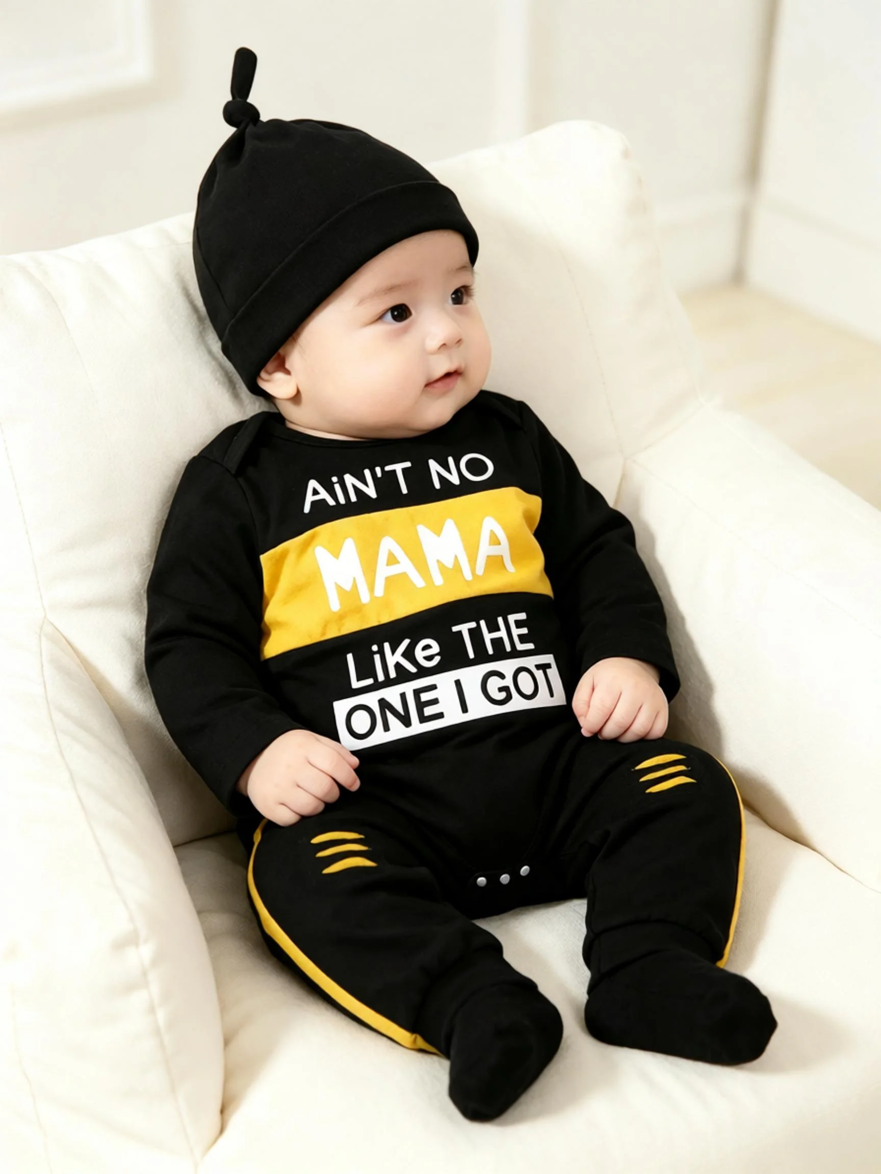 2-teiliges Set für Babys, Jungen, Frühling/Herbst, langärmeliger Body mit Buchstabenmuster und Strickhose mit Rissen – Detail 1