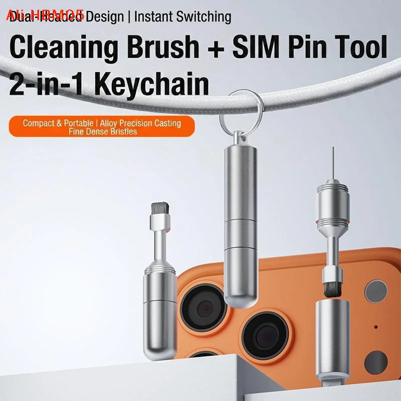 (HB05) 2 In 1 Alloy Keychain With SIM Eject Pin Bristle Cleaning Brush For Phone Camera Port Charging Jack Daily Cleaning