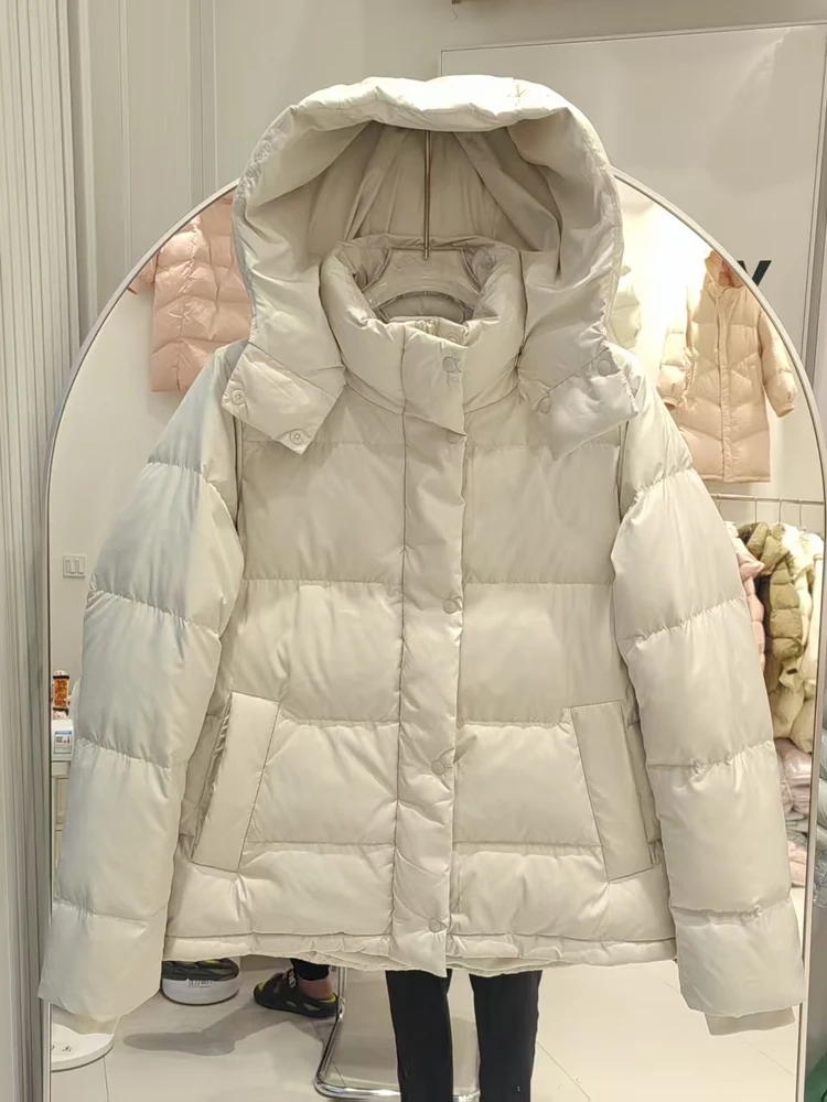 

2025 new Korean version down jacket women's short style detachable cap loose and thick fashionable white duck down coat