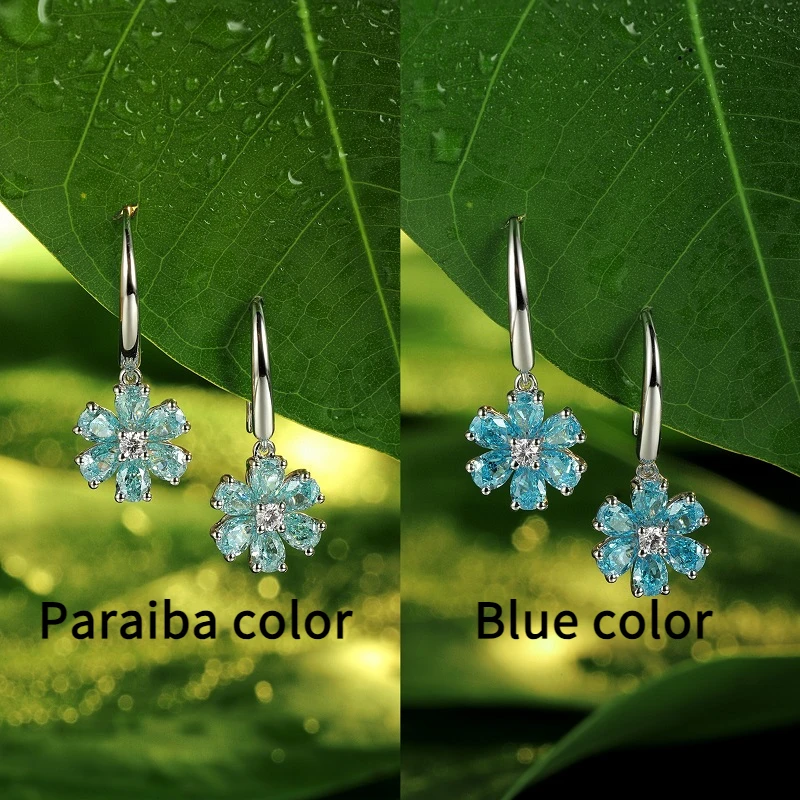 

Ruihe New Luxury Fashion 925 Silver Lab Grown Gemstones Paraiba Blue Color Flower Earrings Jewelry for Women Party Daily Gifts