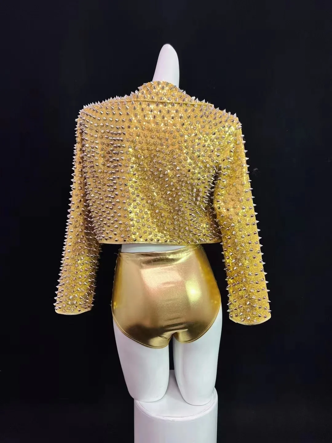 Vintage Rivet Sequin Jacket+Zipper Vest+Shorts Outfit Rock Dance Team GOGO Singer Stage Bar Club Performance Suit Black Gold Red