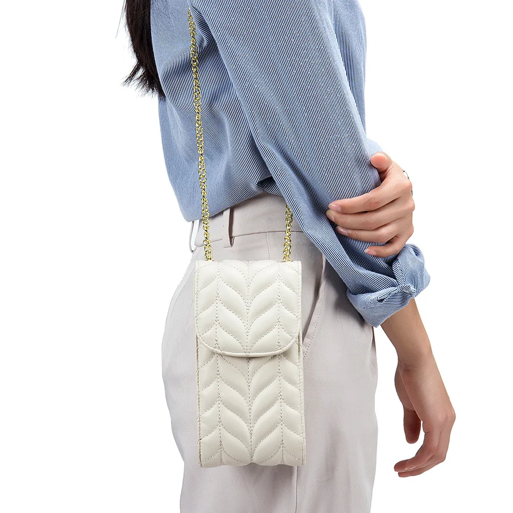 Genuine Leather Vertical Mobile Phone Bag Lingge Chain Bag Multi Functional Fashion Crossbody Mobile Phone Bag