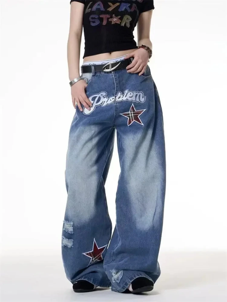 

HOUZHOU Vintage Embroidered Star Women Jeans Washed Hole Wide Leg American Style Baggy Denim Pants Gyaru Straight Hip Hop New