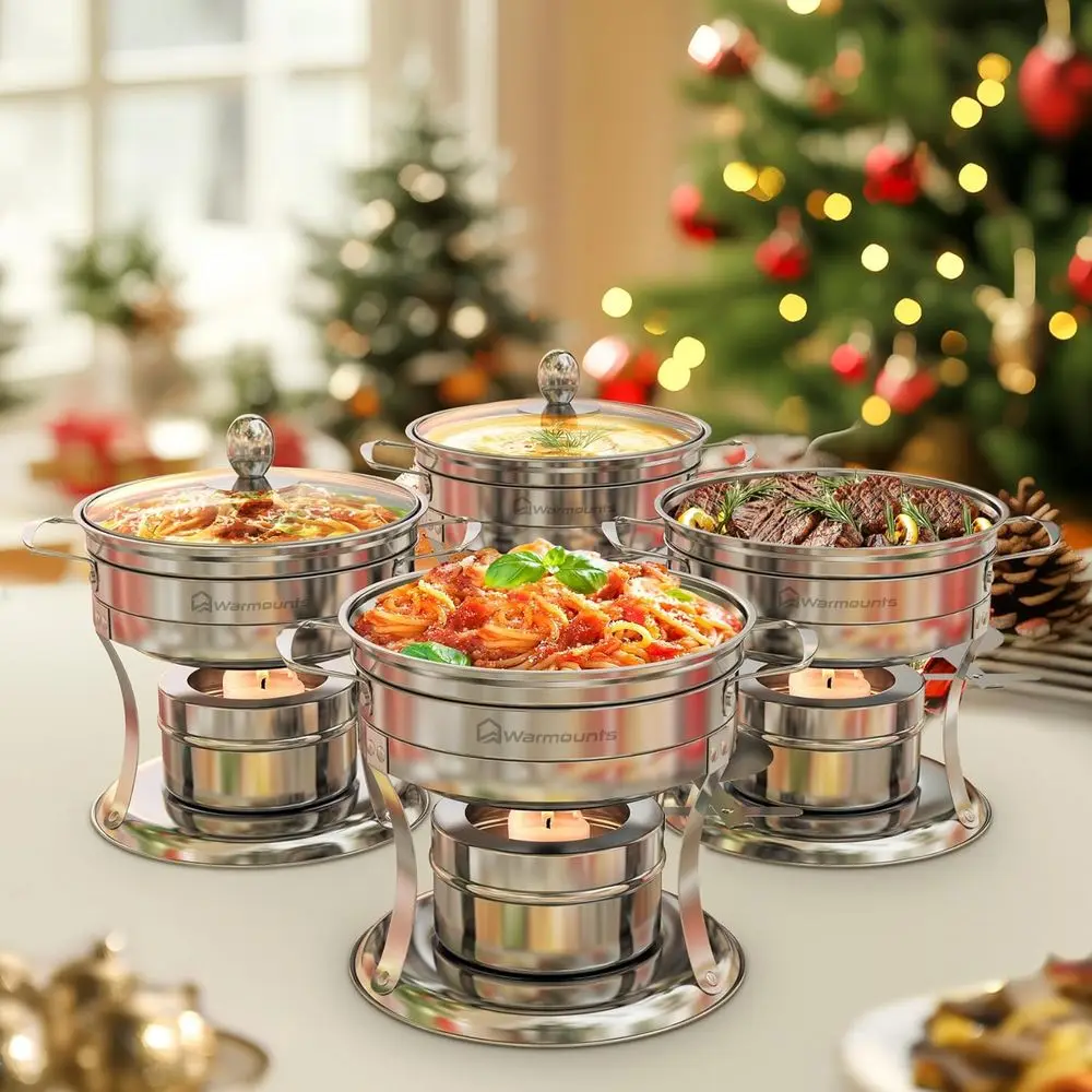 

4 Pack Round Glass Lids Chafing Dish Set with Rolled Rims, Ideal for Shabu Hot Pot Parties and Banquets