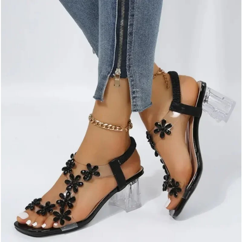 الصيف النساء الصنادل البلاستيكية كريستال ورود للزينة كعب مكتنز اللمحة تو حزام الظهر شريط مرن أحذية أنيقة أنيقة السيدات