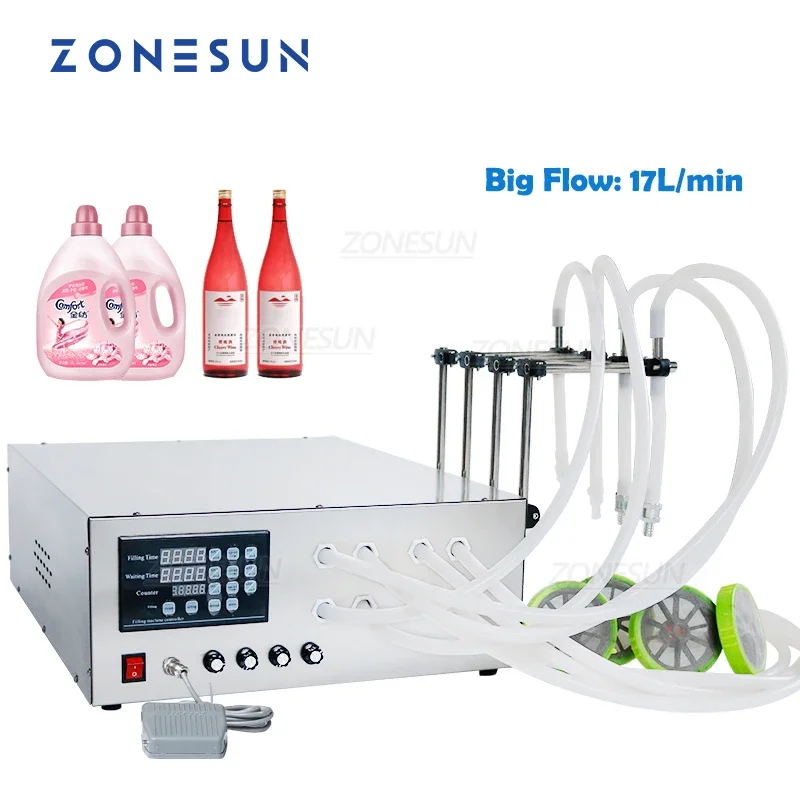 

ZONESUN 17L/min Semi-Automatic 4 Nozzle Edible Palm Oil Lotion Shampoo Detergent Bottle Liquid Filling Machine