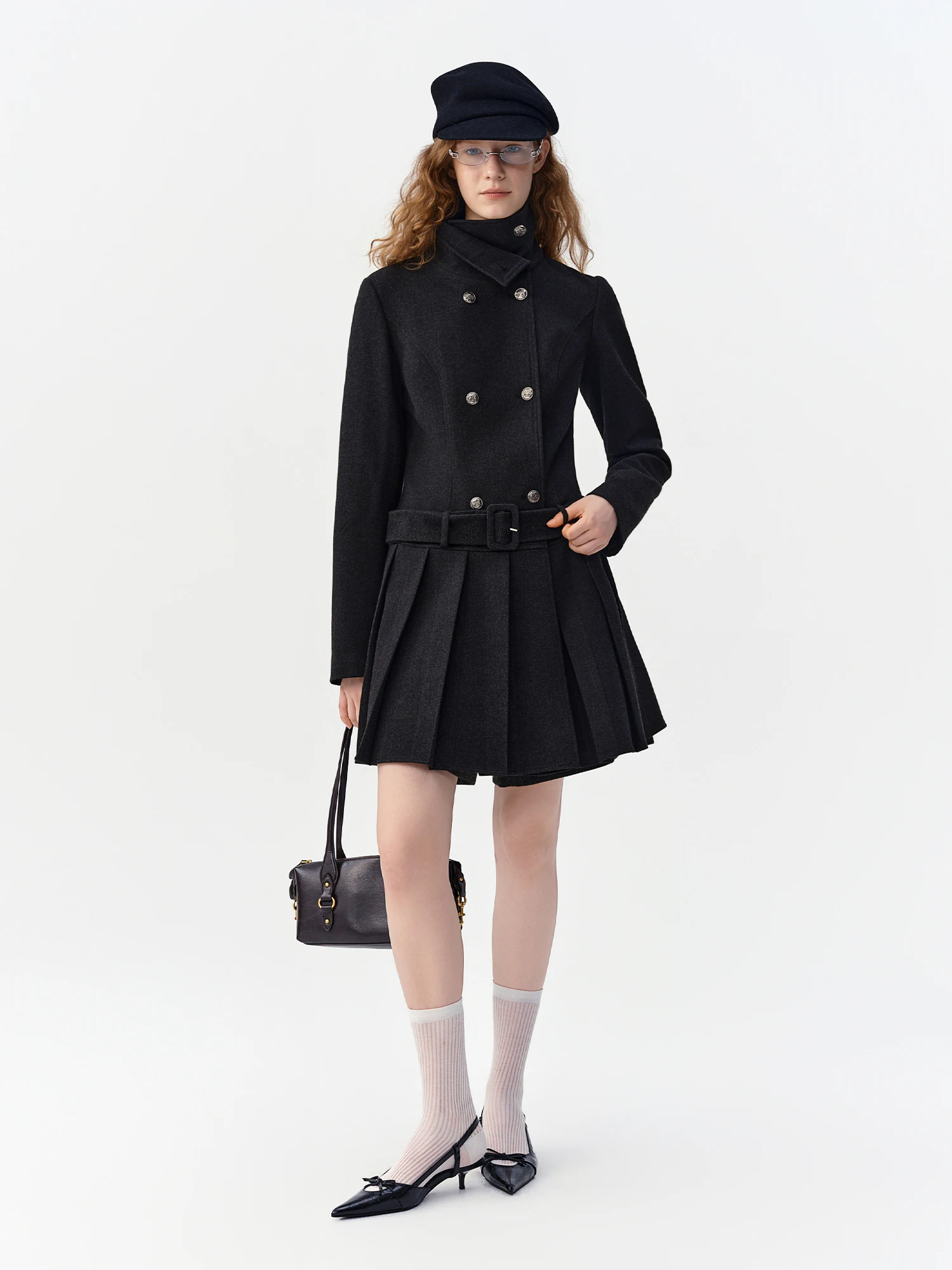 DUSHU Women Preppy Style Double Breasted Short Coat High Neck Belted Slim Fit Winter Commuter Jacket Pleated Skirt