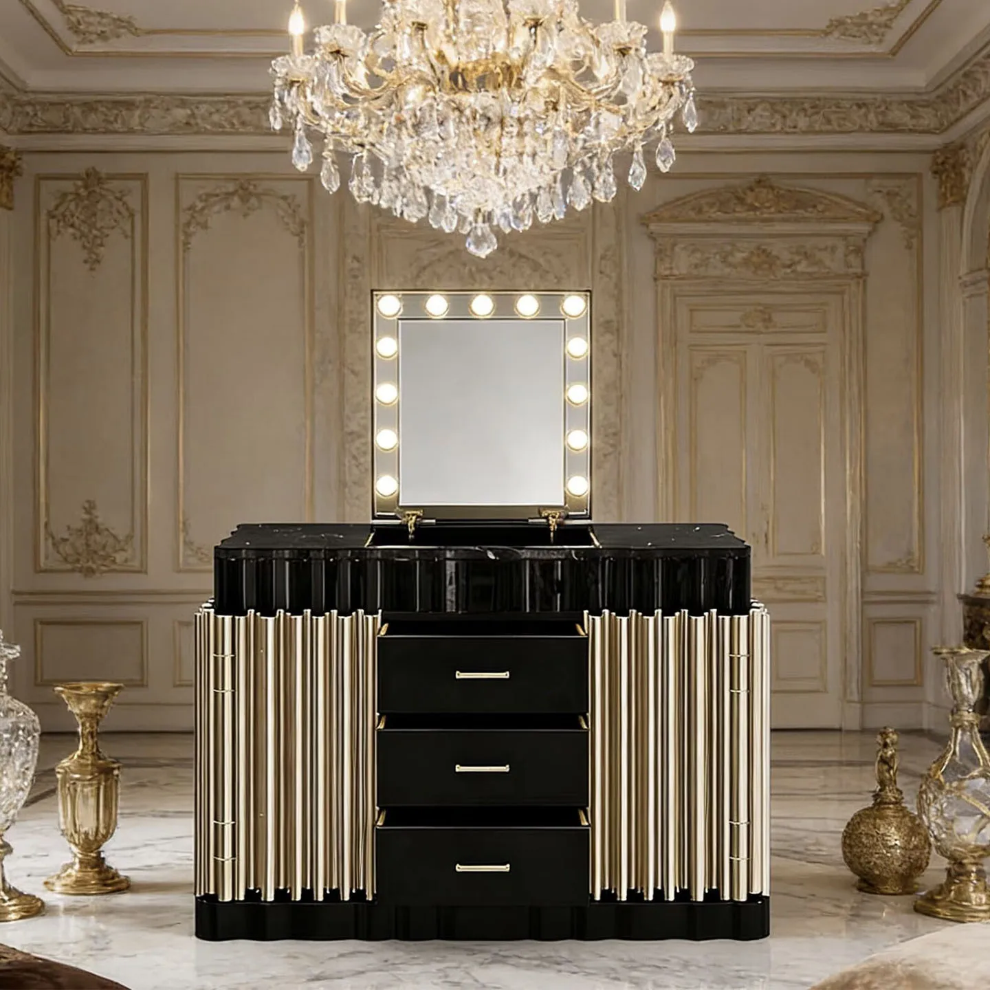 Italian light luxury dresser with mirror with lamp chest locker designer creative metal art dressing table