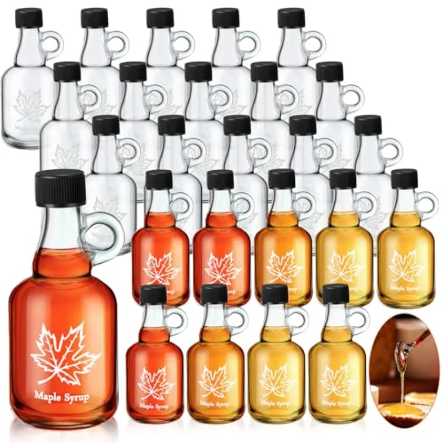 

24 Pcs Glass Maple Syrup Bottles Mini Syrup Container with Loop Handle and Plastic Lids, Small Empty Jars for Oil Storage Gift