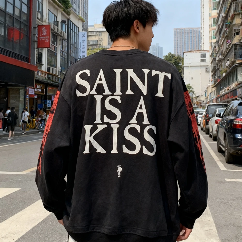 KUCLUT 1:1 Vintage Clothing Hole Graphics Streetwear Tops Oversize Tee Loose 100%Cotton Long Sleeves Casual T-Shirt Men