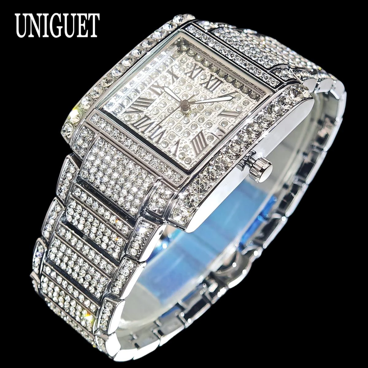 UNIGUET Iced Watch For Men Luxury Stainless Steel Rectangle Watches Hip Hop Big Diamonds Bling AAA Wristwatch Man Dropshipping