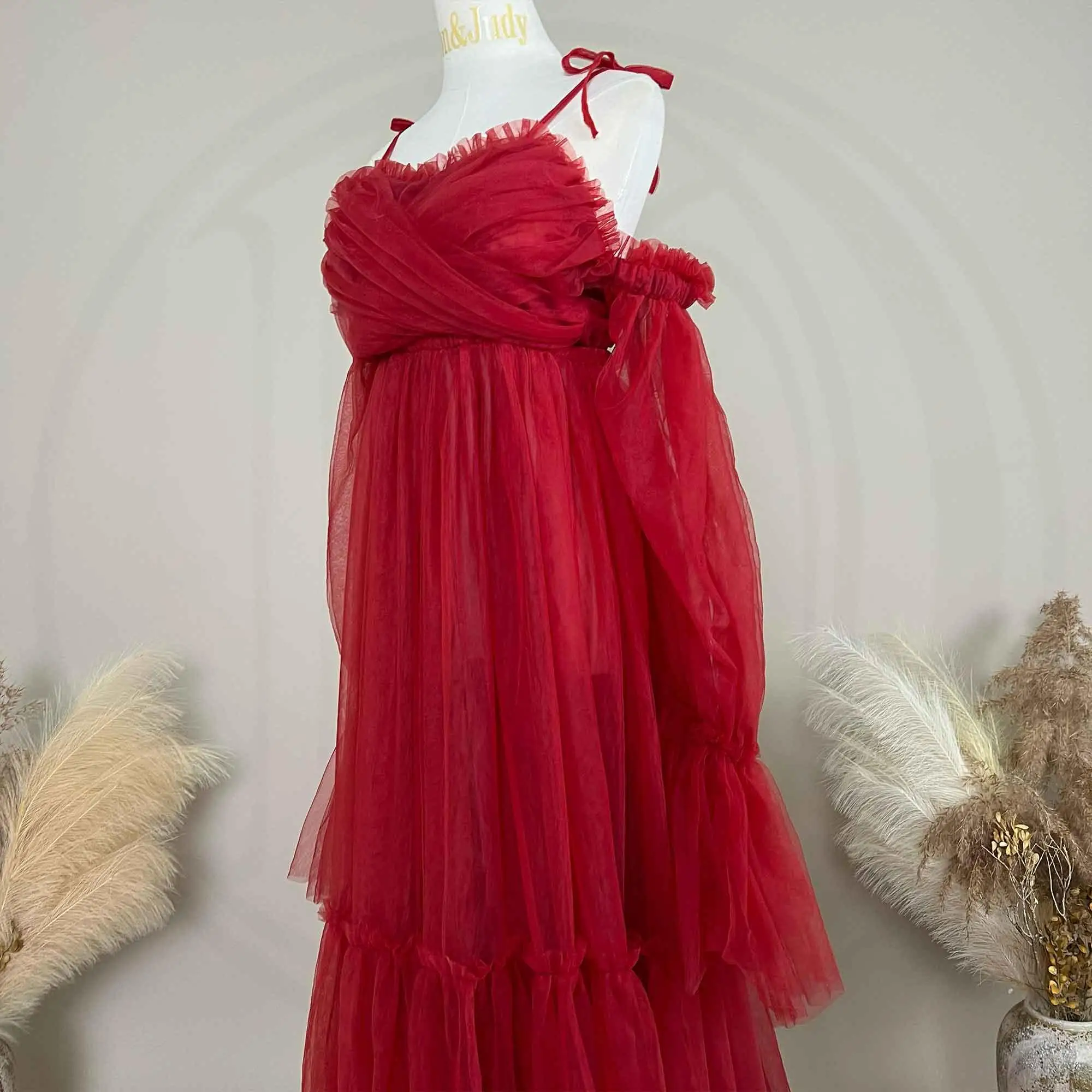 Don&Judy Rust Red Tulle Evening Gown Off-shoulder Long Sleeves Split for Formal Occasions Wedding Photography