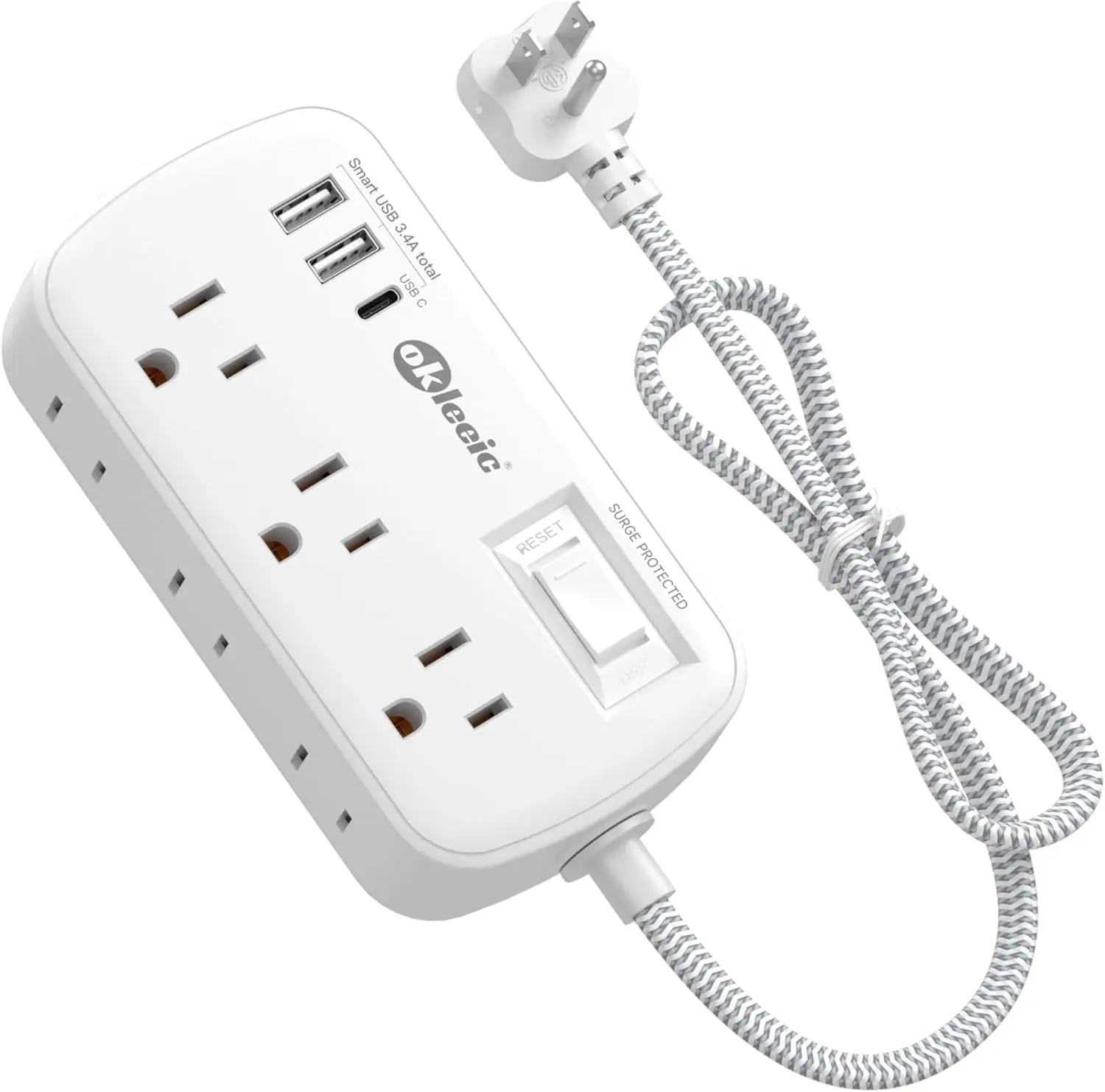 2ft Short Extension Cord with 6 Outlets and USB Ports