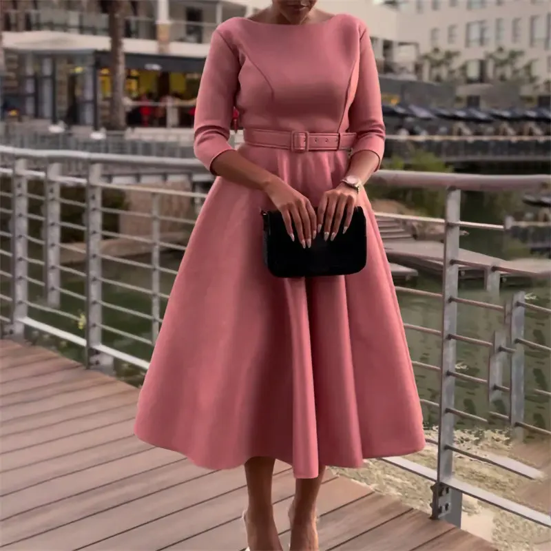 Elegant Women's Dinner Party Gown Skirt High Waist Polyester Evening Dress Full Skirt Style Regular Sleeve round Neck X-Shape