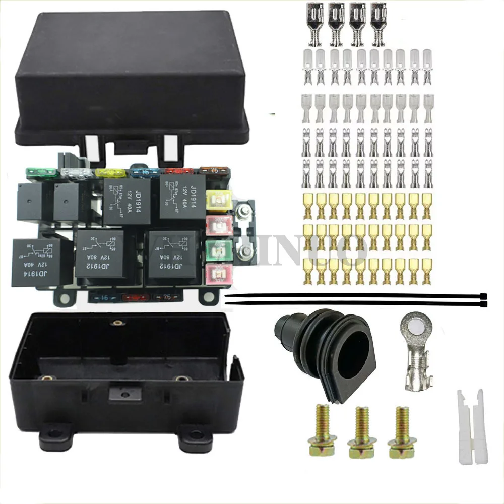 Waterproof fuse relay box with 7 relays, 9 blade fuses (3 spares) and 4 quadratic fuses, 1 100A chip fuse, fuse relay holder