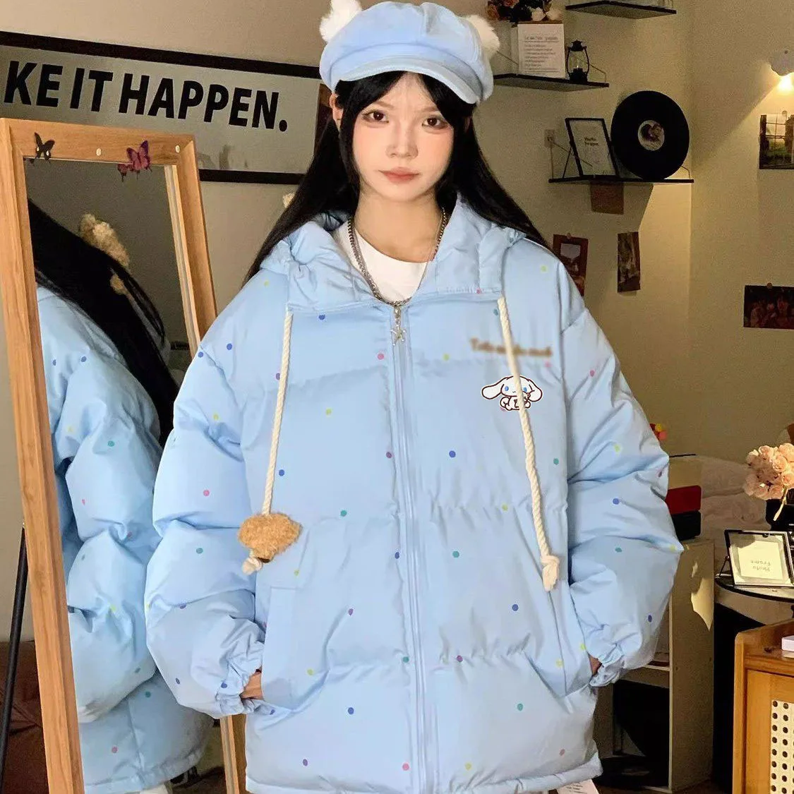 Hello Kittys Women Down Jacket Sanrioed Kawaii Cinnamoroll Girls Winter Thickened Cotton Clothes Student Warm Tops Casual Coat