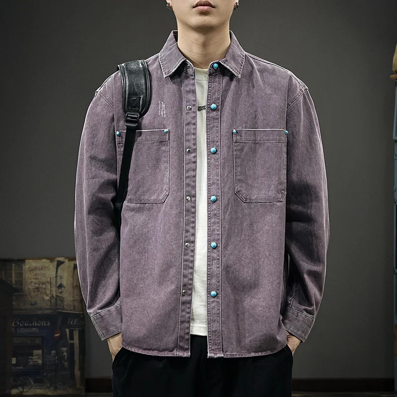 Men Purple Grey Blue Solid Color Loose Turn-down Collar Simple Basic Casual Daily Denim Shirts Male American Vintage New Fashion