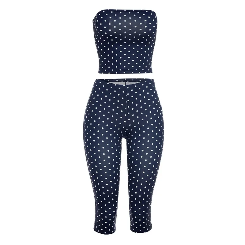 Summer new polka dot printed strapless top+tight fitting cropped pants two-piece set