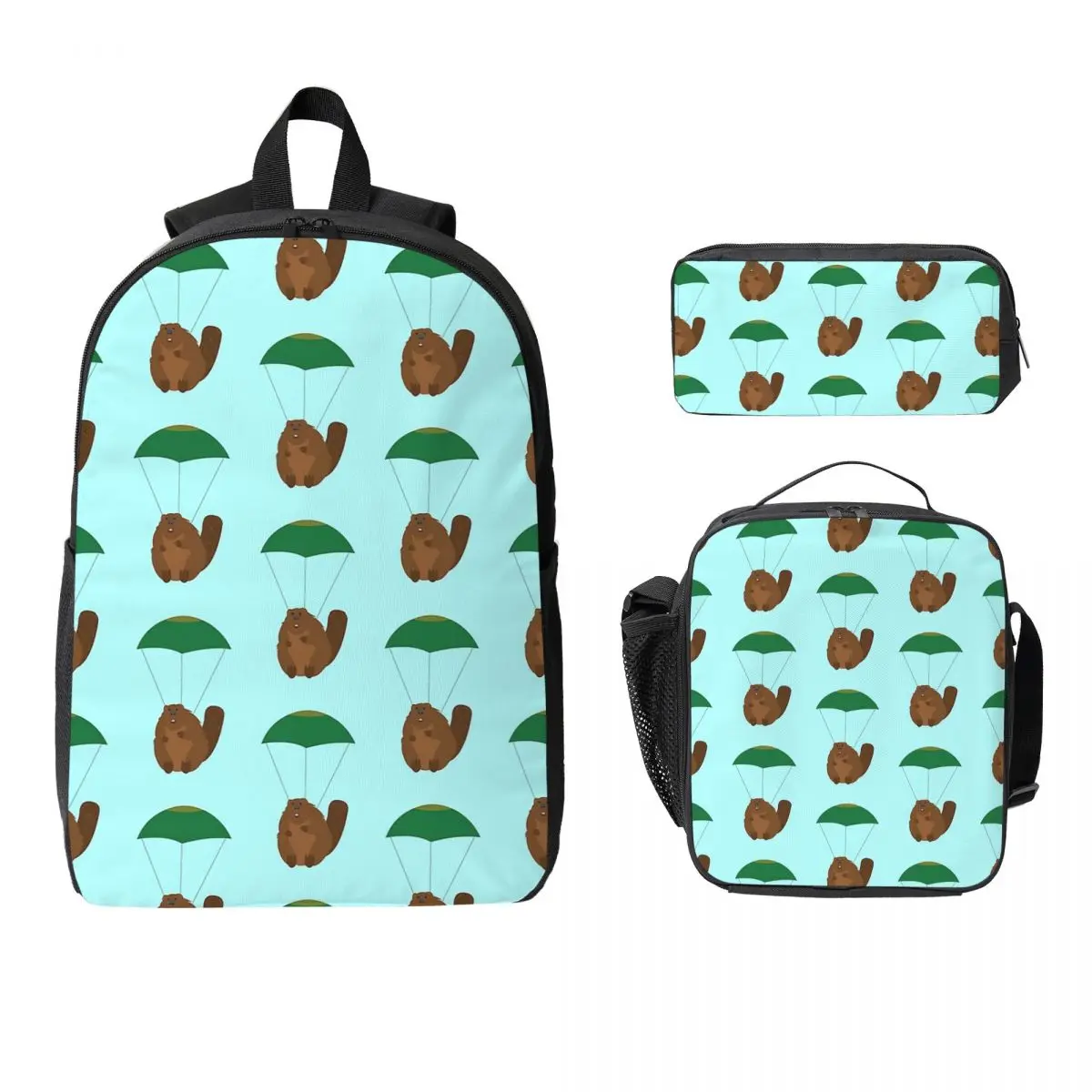 Parachuting Beaver Backpack Student Boys Girls BookBag School Bag Laptop Shoulder Bags 3ps Insulated Lunch Bag Pencil Case