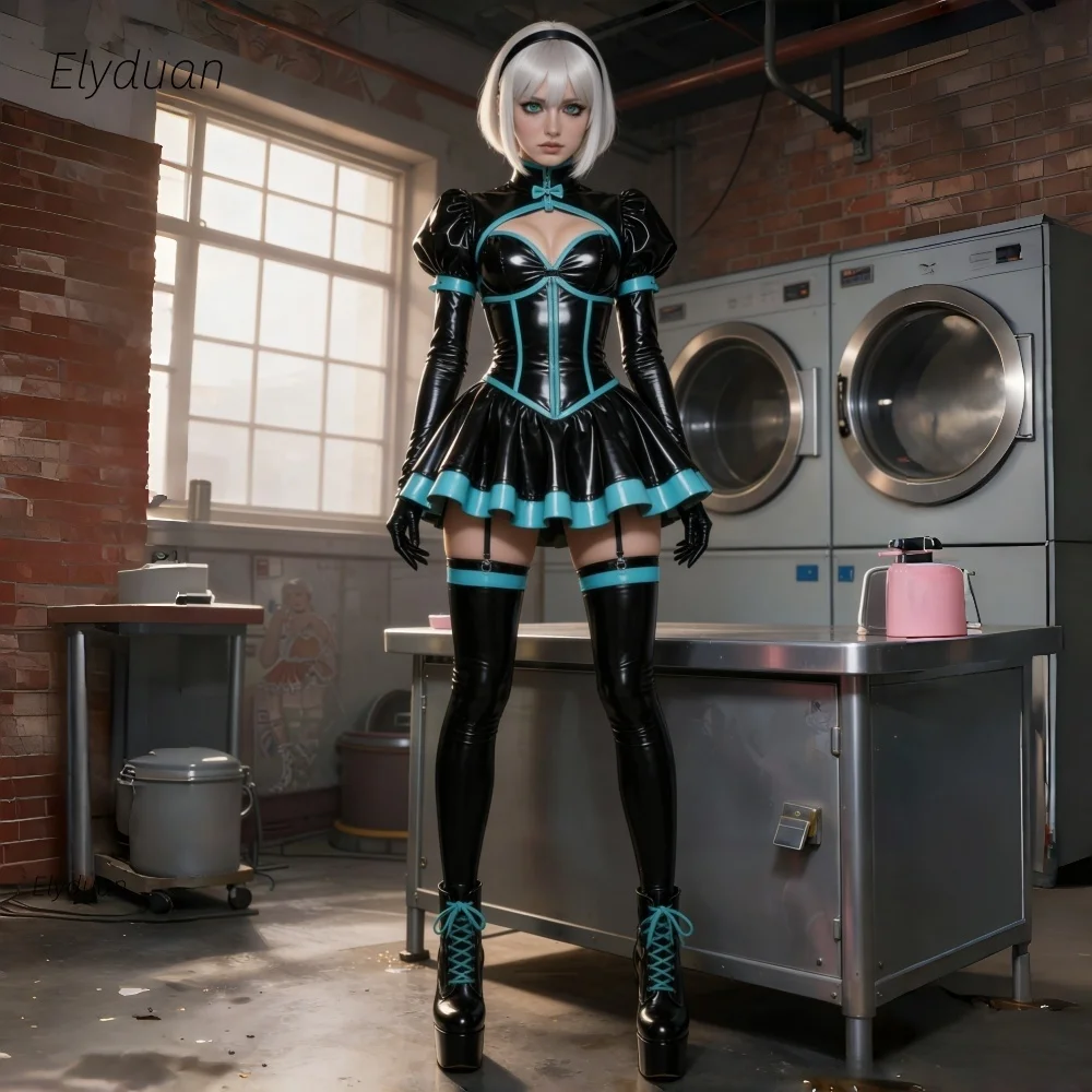 Mini korte anime cosplay feestjurk met pofmouwen, ruches, zwart PVC, glanzend, speciale gelegenheid, avondjurken, op maat gemaakt