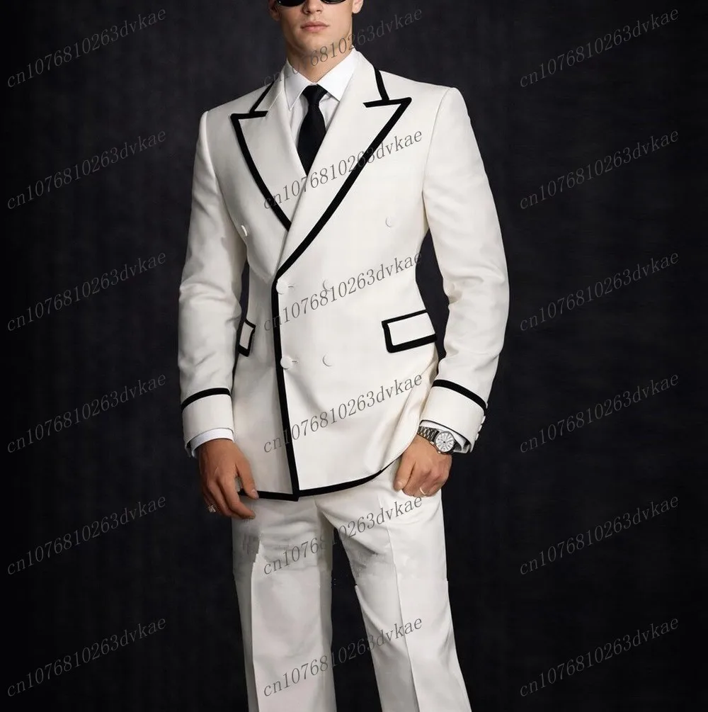 

White And Black Men Suit Wedding Party Formal Groom Groomsman Prom Business Male Tuxedos 2 Piece Set Jacket Pants