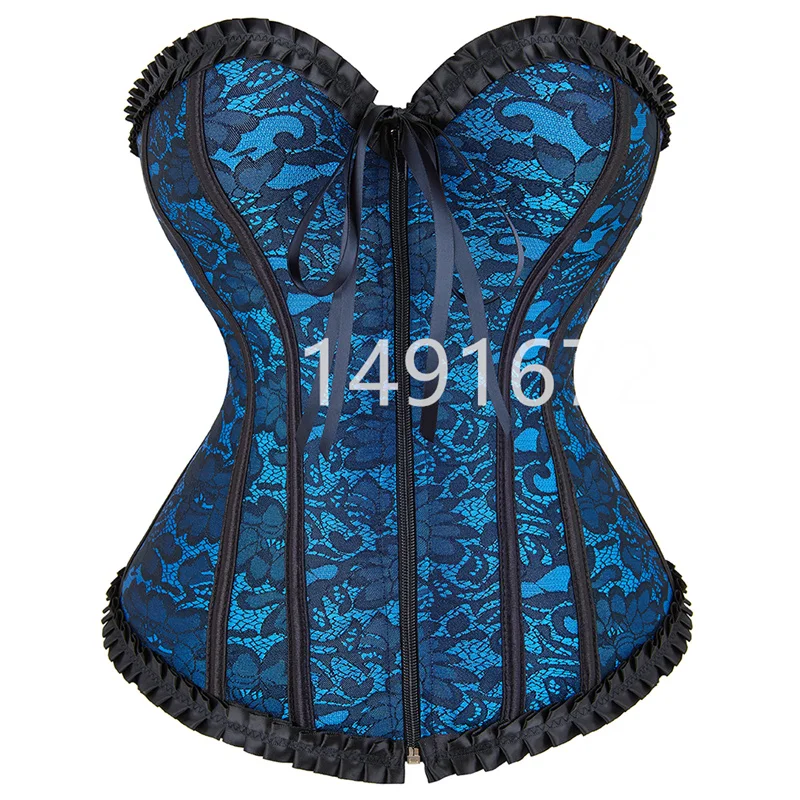 

Синий корсет-топ, сексуальный бюстье для женщин, с молнией спереди, винтажный, с цветочным узором, экзотический, викторианский костюм, готическое белье, большие размеры, корсет