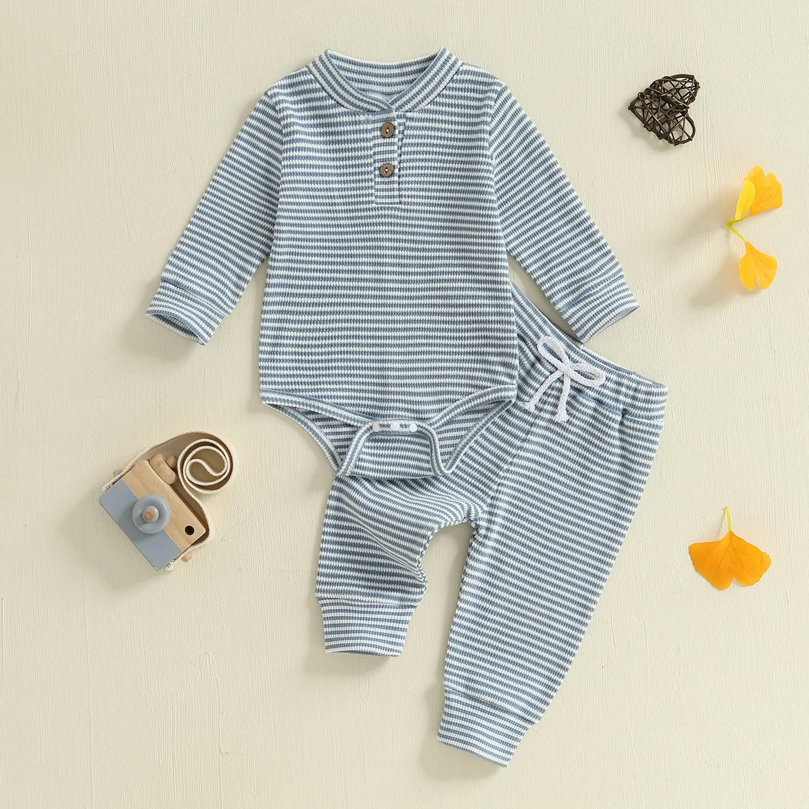 

VISgogo Infant Baby Boy Girls Fall Clothes Stripe Long Sleeve Romper Elastic Waist Pants Newborn 2Pcs Outfit