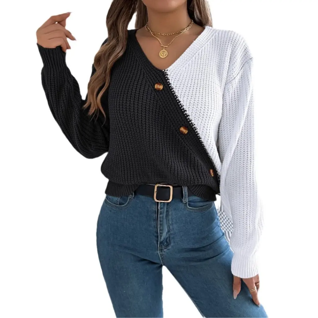 

Autumn Winter Casual Women's V Neck Pullover Sweater Button Detail Contrast Lantern Sleeve Independent European American Style