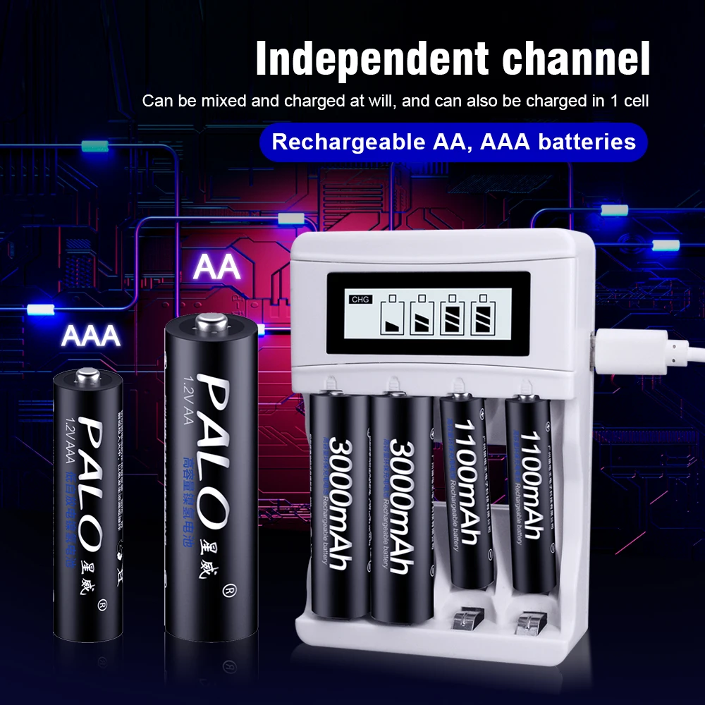 Piles rechargeables PALO AA et AAA 3000mAh NI-MH AA batterie LR6 1100mAh AAA LR3 + LCD USB chargeur USB pour batterie 1.2V AA AAA
