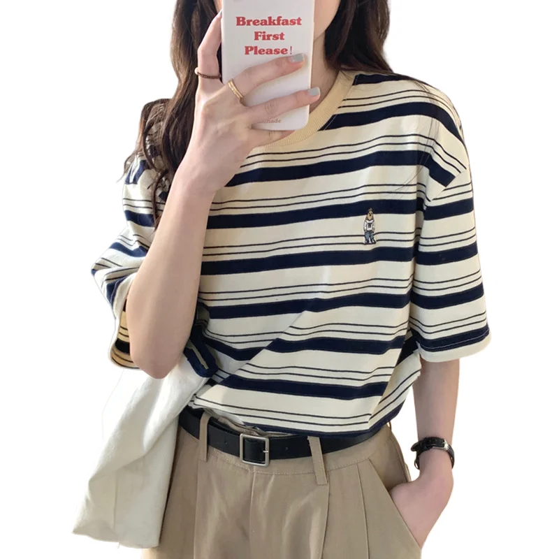 

O-neck T Shirt Women Soft Chic Tees Cotton Jumper Clothes Loose Casual Pullover 2025 Summer New Crop Tops Retro Striped Shor