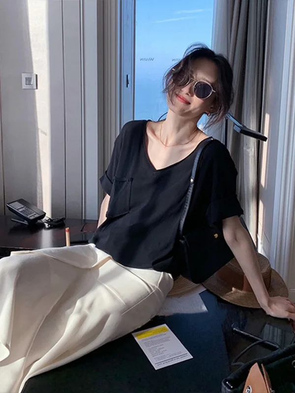 Cseta hoada de manga corta con cuello en V para mujer, ropa informal de verano, cseta de cuello ande de estilo core...