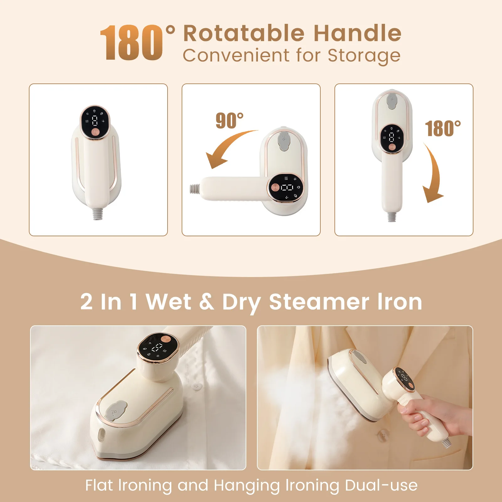 Handheld Steam Iron Foldable Garment Steamer 1200W Power Portable 3 Speed Steamer LCD Display Touch Screen Rotary Electric Iron