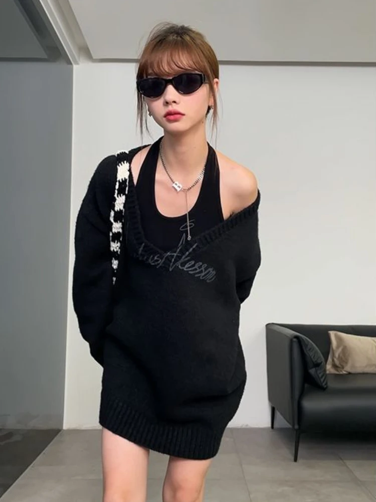 KOSAHIKI Sexy Korean Fashion Outfits 2024 Spring Autumn Two Pieces Set Women Loose Pullover + Halter Top Letter Print Sweater