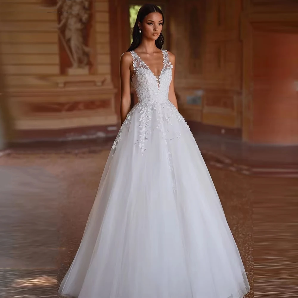 セクシーな V ネックの女性のウェディングドレスエレガントなノースリーブプリンセスブライダルドレスモップレングス宴会 Vestidos De Novias カスタマイズ