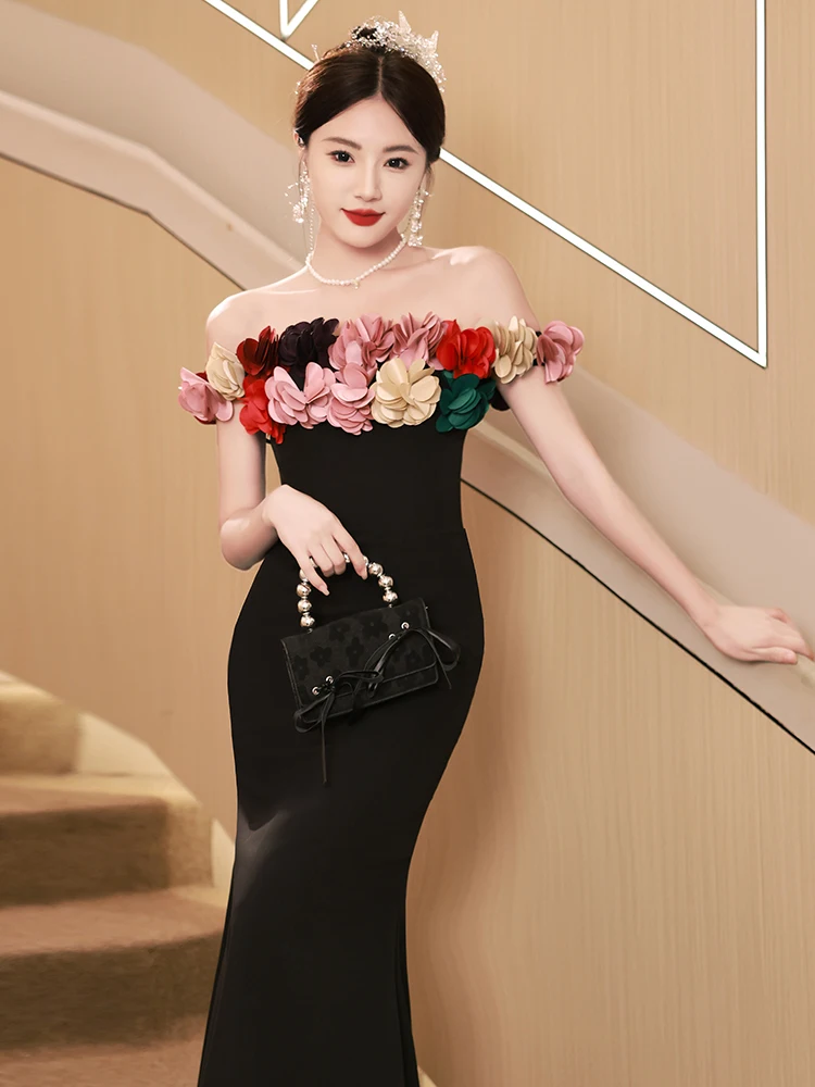 

Vintage Women's Evening Dresses Colorful Florals Boat Neck Off Shoulder Fishtail Dress Slim Black Prom Gown Banquet Vestidos