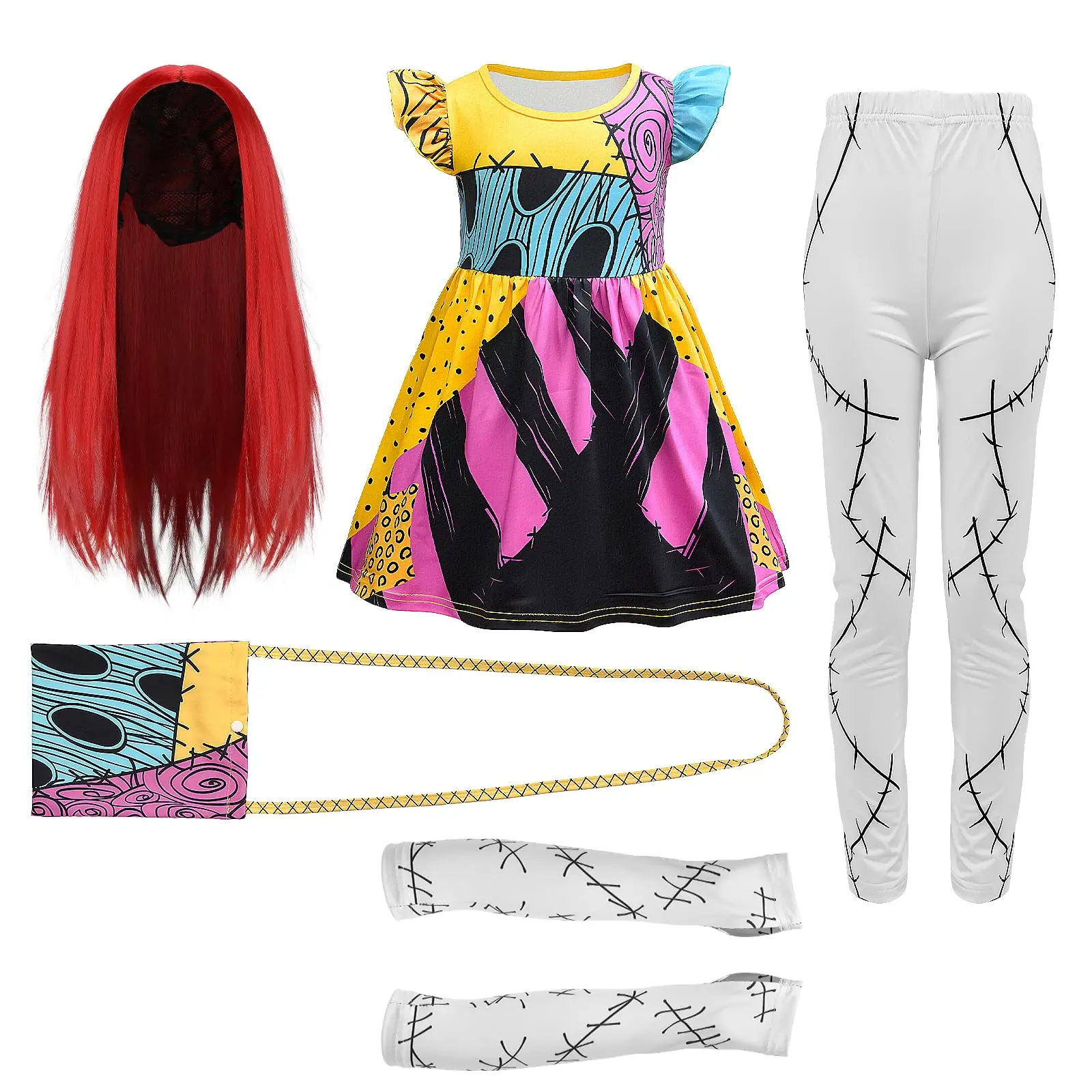 

5PCS Kids Sally Costume Girls Christmas Sally Dress Wig Bag Tights Gloves Cosplay Accessories for Halloween