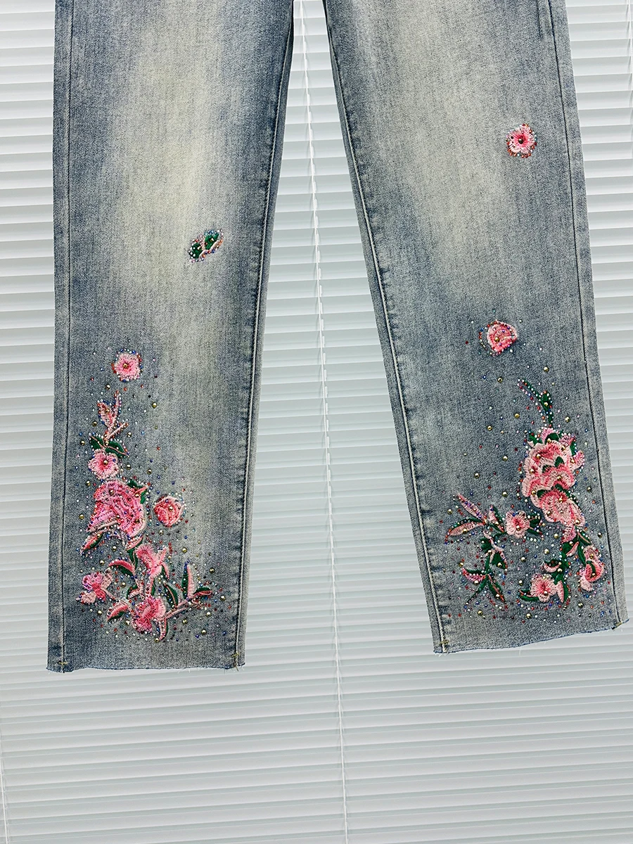 Imagem -04 - Jeans de Strass Reto para Mulheres Calças de Cintura Alta Slim-fit Tubo de Fumaça Calças Cortadas Bordado Vintage Novo Primavera e Verão 2024