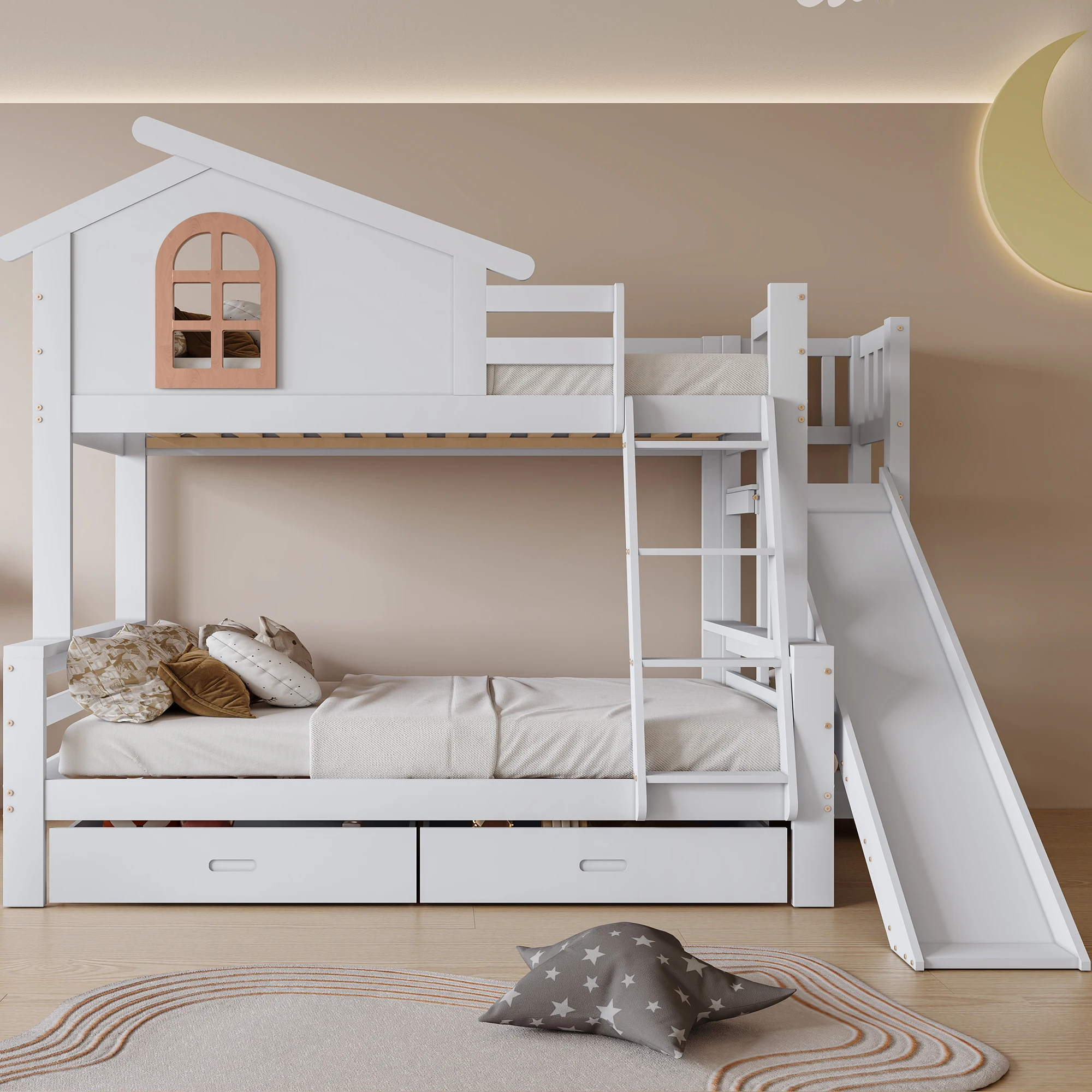 Floor bed with characteristic windows and four-stage tilt staircase with two drawers, bed solid wood frame, White