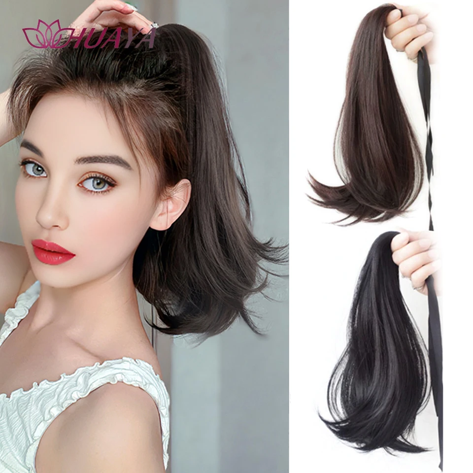 HUAYA Synthetic Drawstring Ponytail Hair Extensions Short Wavy Heat Resistant Fake Hairpiece Pony Tail Wig For Women