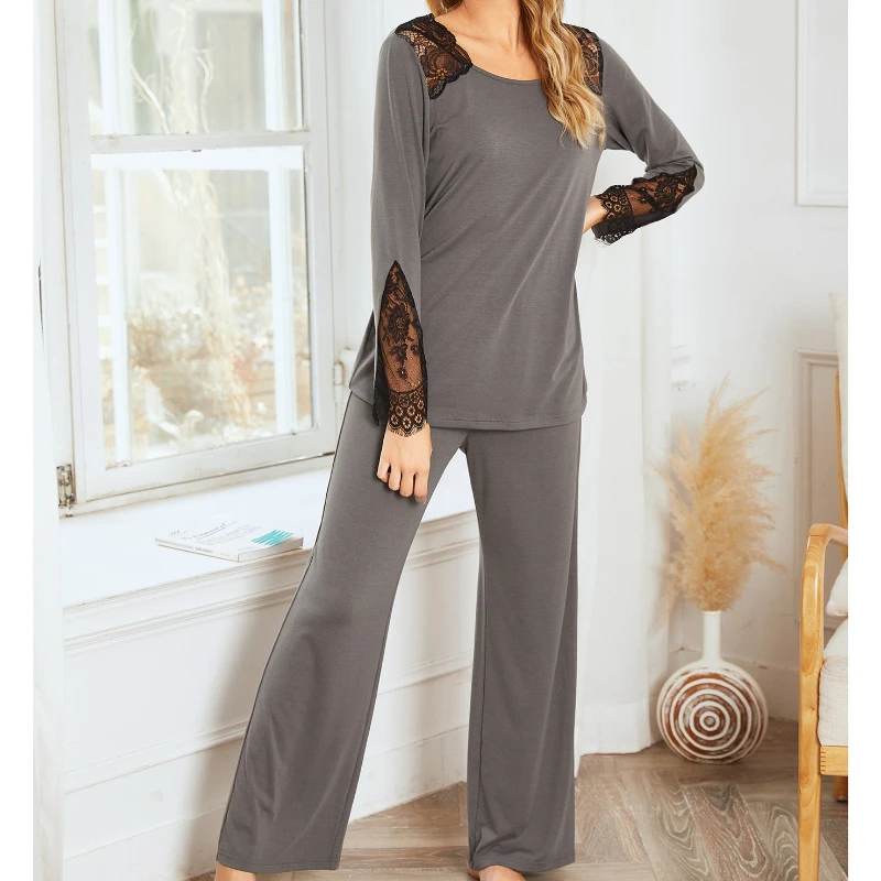 Krismile Lace 2 Pieces Pajama Sets Women 2025 Spring Autumn Casual Long Sleeve Top Solid Color Pants Elegant Ladies Loungewear