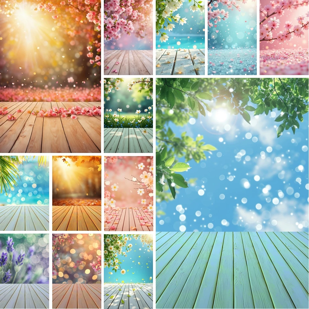 

MOON.QG Bokeh Flower Wallpaper Blue Glitter Grass Background Phototgraphy Spring Leaves Floor Wood Backdrop Portrait Photobooth