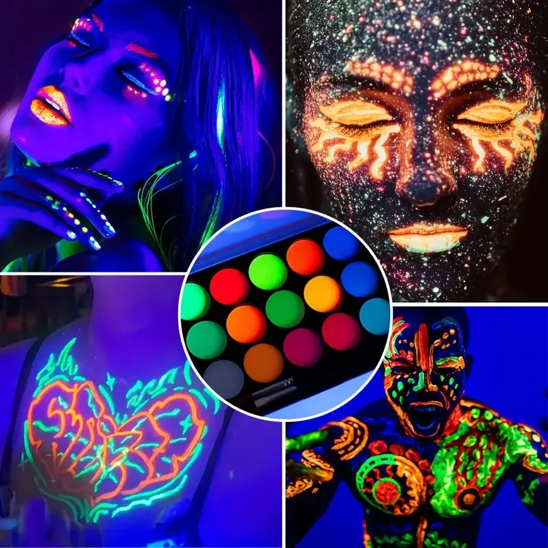 ภาพวาดบนใบหน้า, 15 สีสดใสนีออนเรืองแสงจานสีร่างกาย, อายไลเนอร์ที่เปิดใช้งานด้วยน้ํา, แต่งหน้าด้วยน้ําเรืองแสงในที่มืดฮาโลวีนล้างทําความสะอาดได้