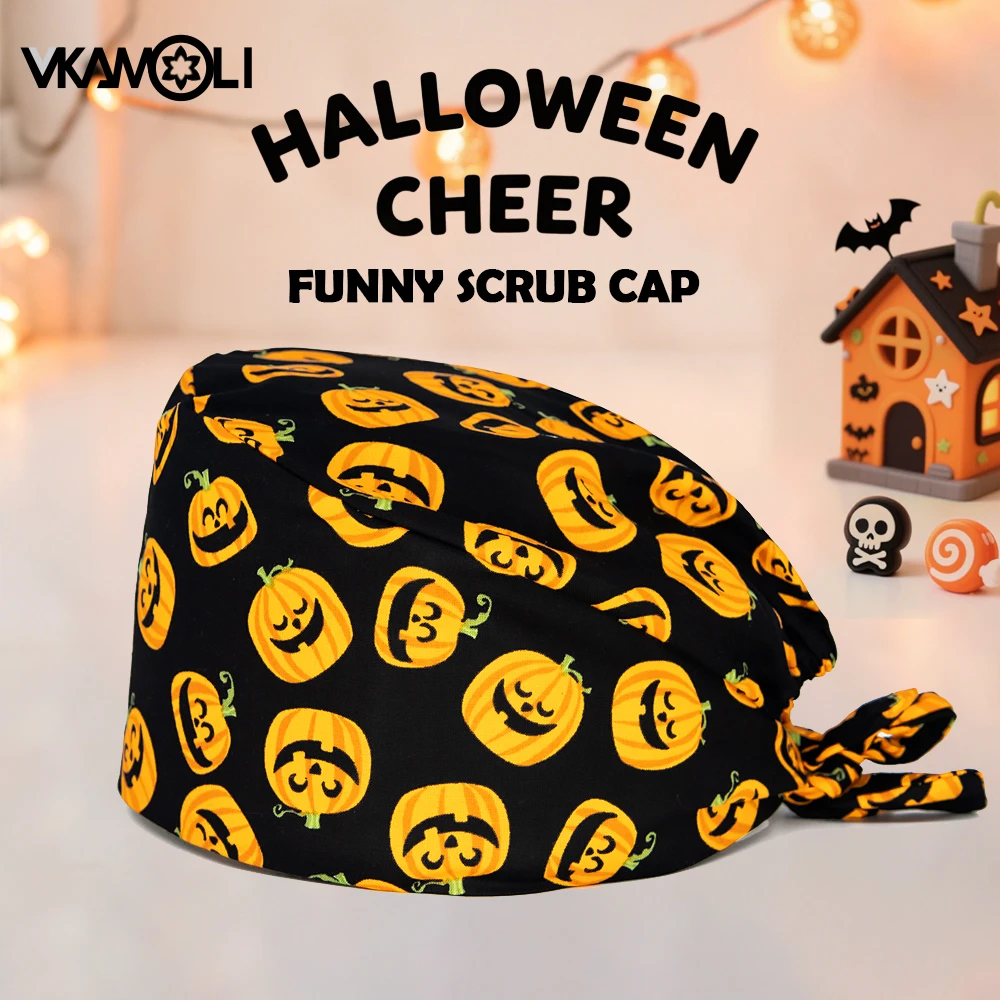 Cute Fun Design Halloween Pumpkin Printed Scrub Cap for Doctors And Nurses Hospital Clinic Surgical Headwear